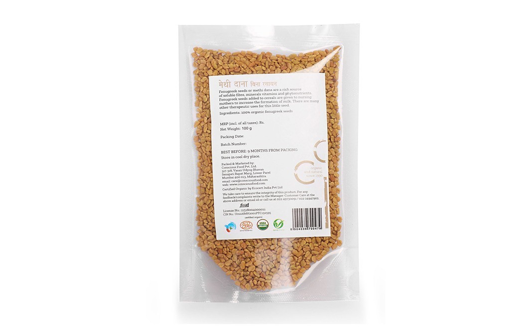 Conscious Food Fenugreek Seeds Methidana Organic   Pack  100 grams